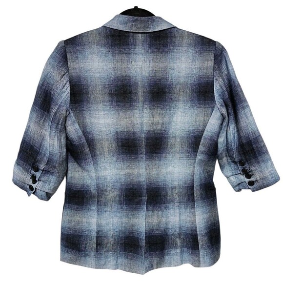Smythe Blazer 100% Linen Shadow Plaid Tartan Blue Black Half Sleeve Pockets - Picture 4 of 16